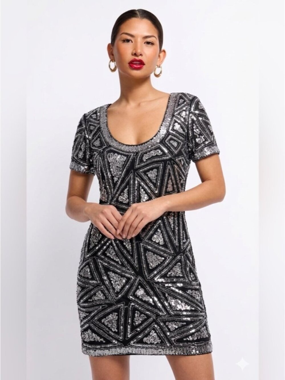 Little Mistress London scoop neck beaded sequins Black silver geometric print 8